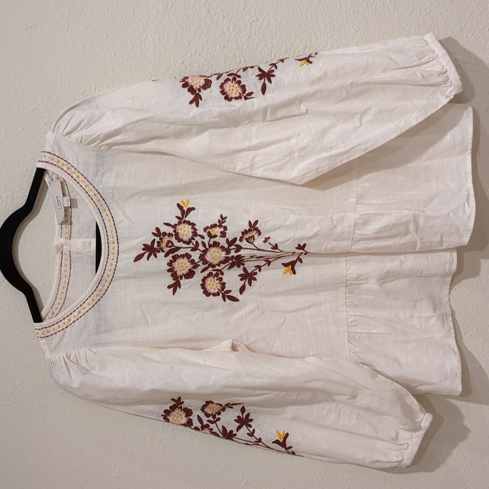 LOFT White Embroidered Peasant Blouse with Brown Floral Accents